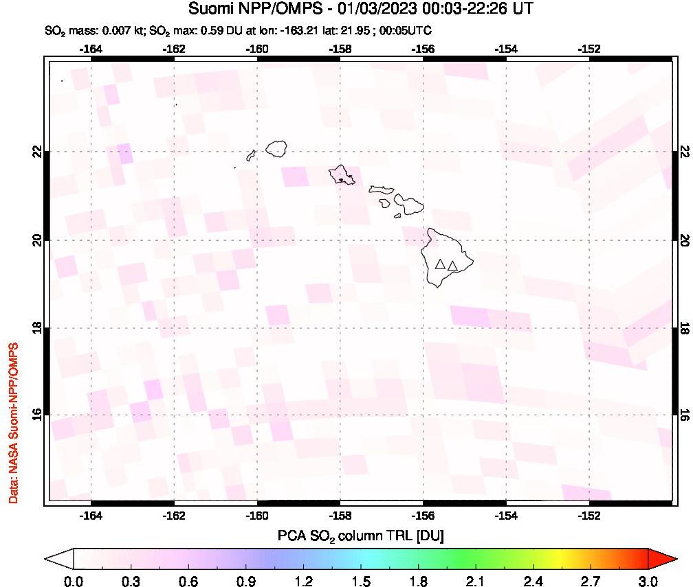 A sulfur dioxide image over Hawaii, USA on Jan 03, 2023.