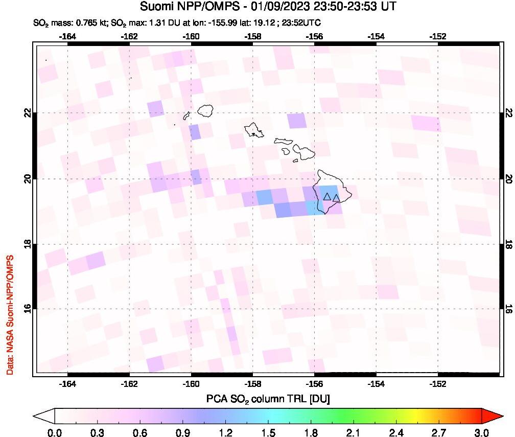 A sulfur dioxide image over Hawaii, USA on Jan 09, 2023.