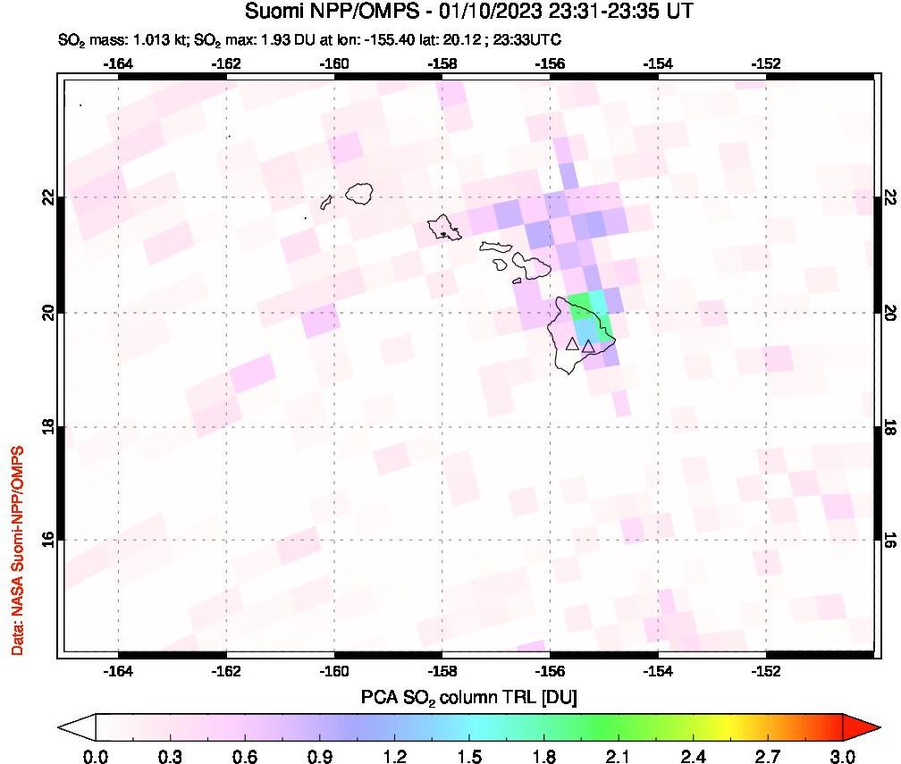 A sulfur dioxide image over Hawaii, USA on Jan 10, 2023.