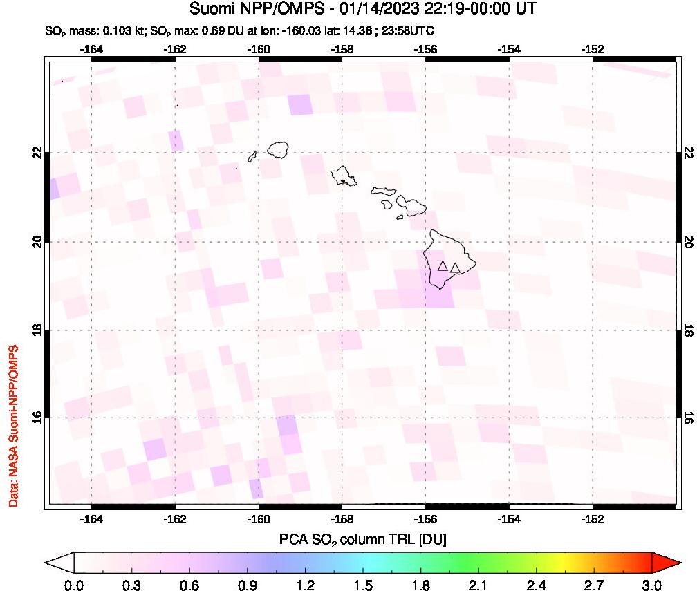 A sulfur dioxide image over Hawaii, USA on Jan 14, 2023.