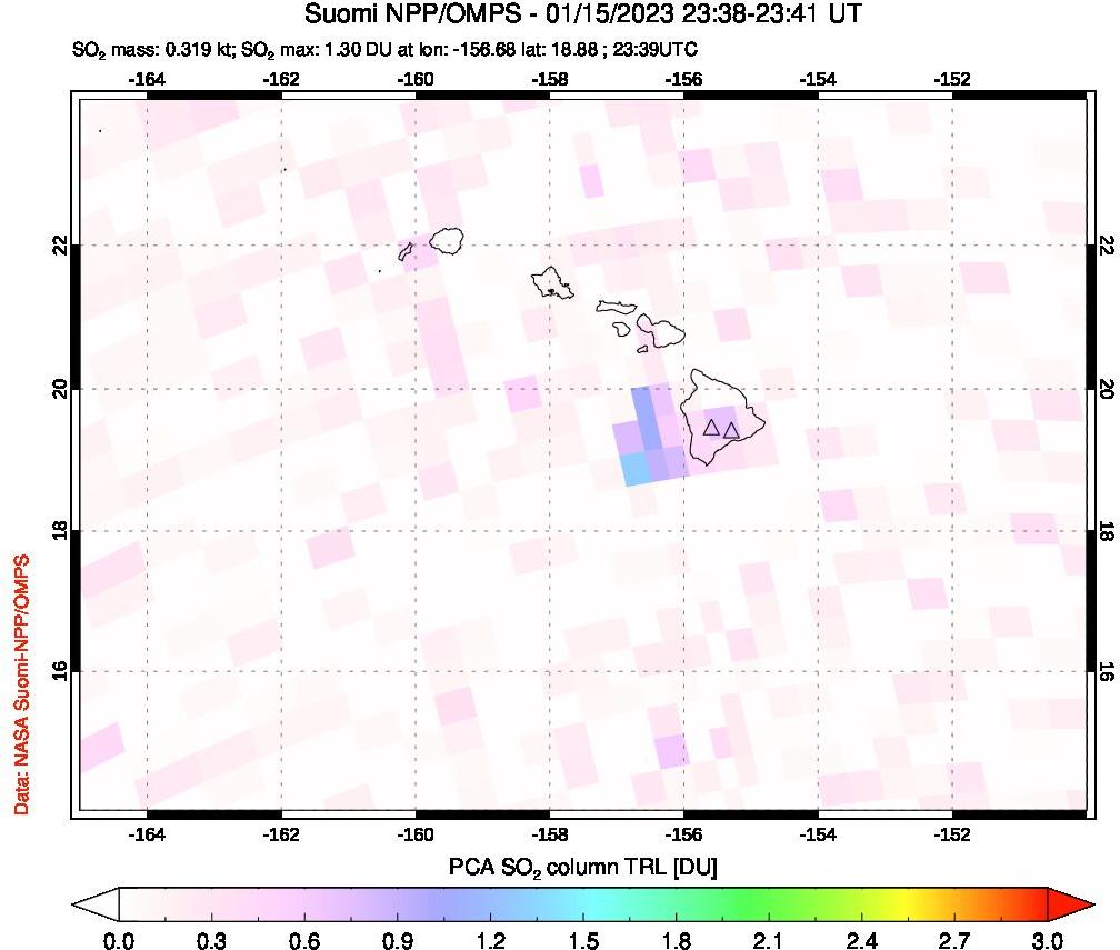 A sulfur dioxide image over Hawaii, USA on Jan 15, 2023.