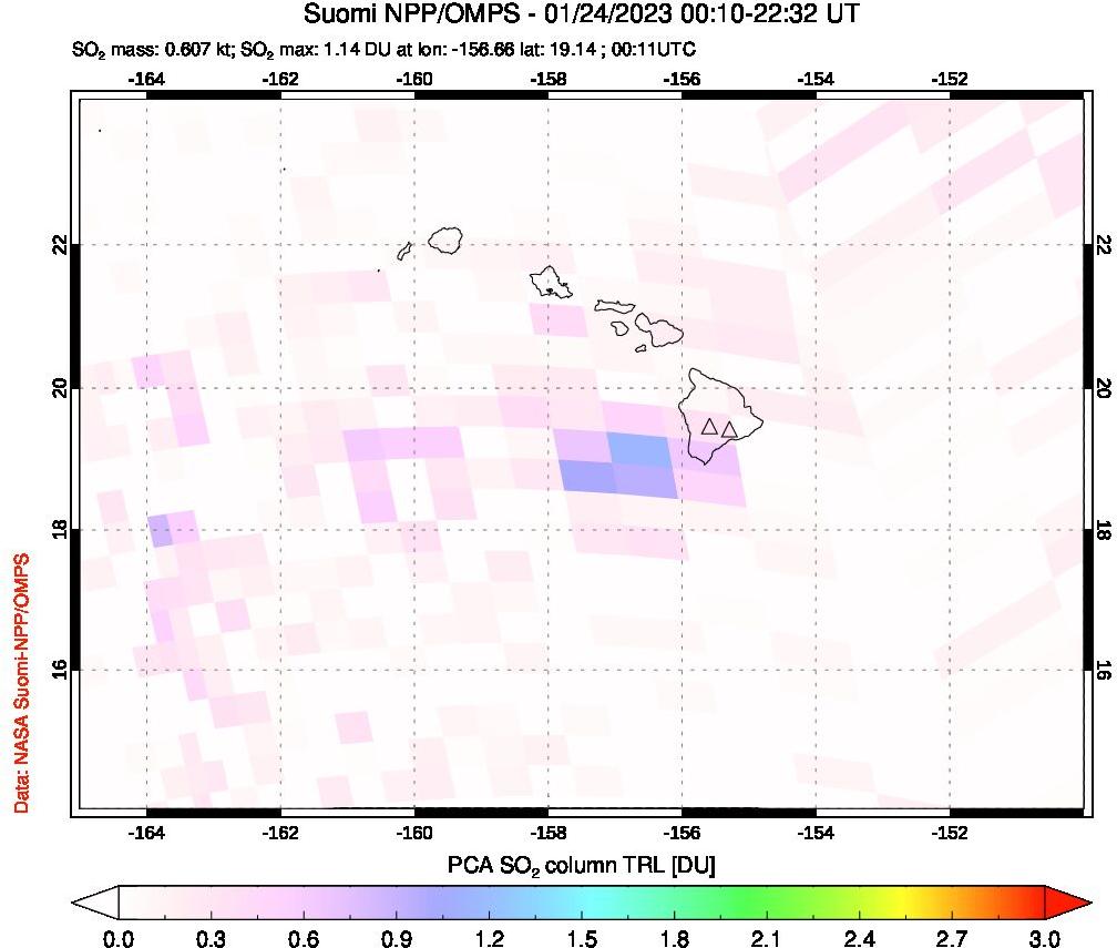 A sulfur dioxide image over Hawaii, USA on Jan 24, 2023.