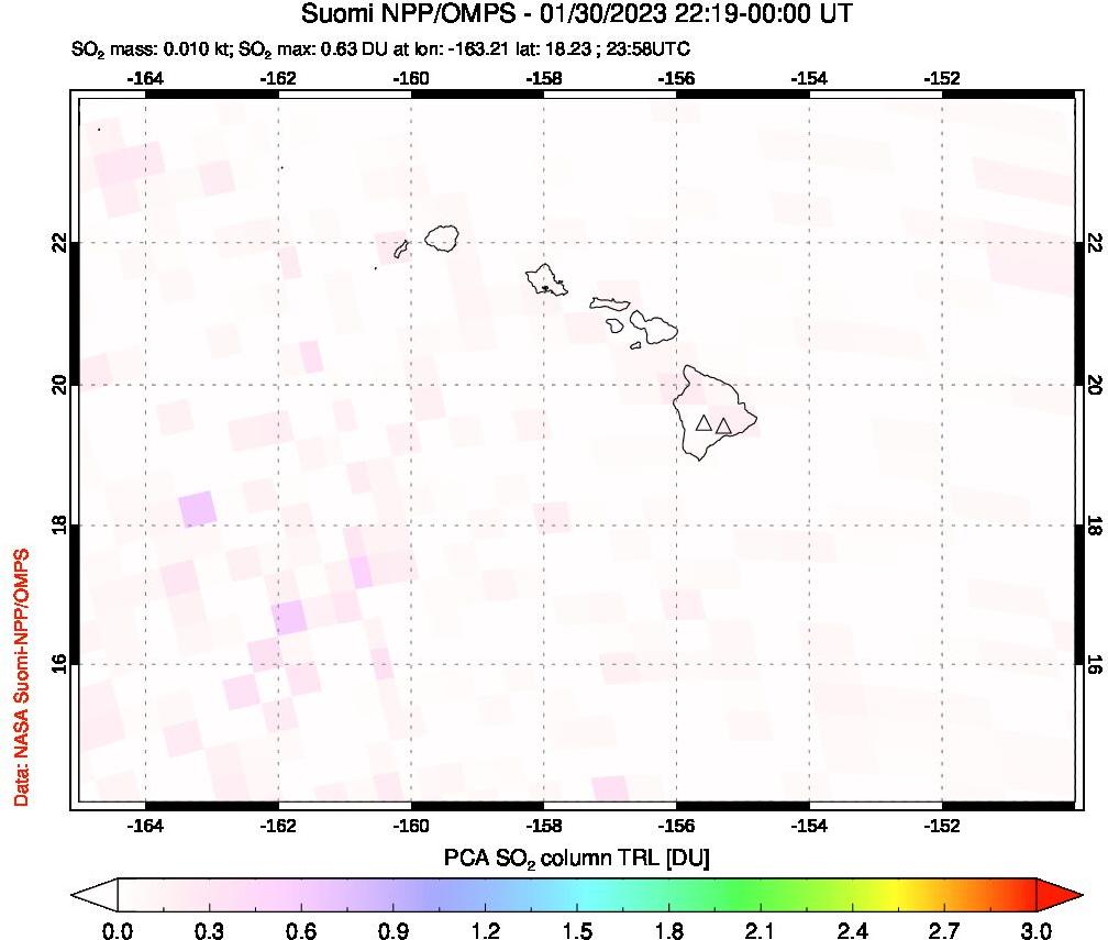 A sulfur dioxide image over Hawaii, USA on Jan 30, 2023.