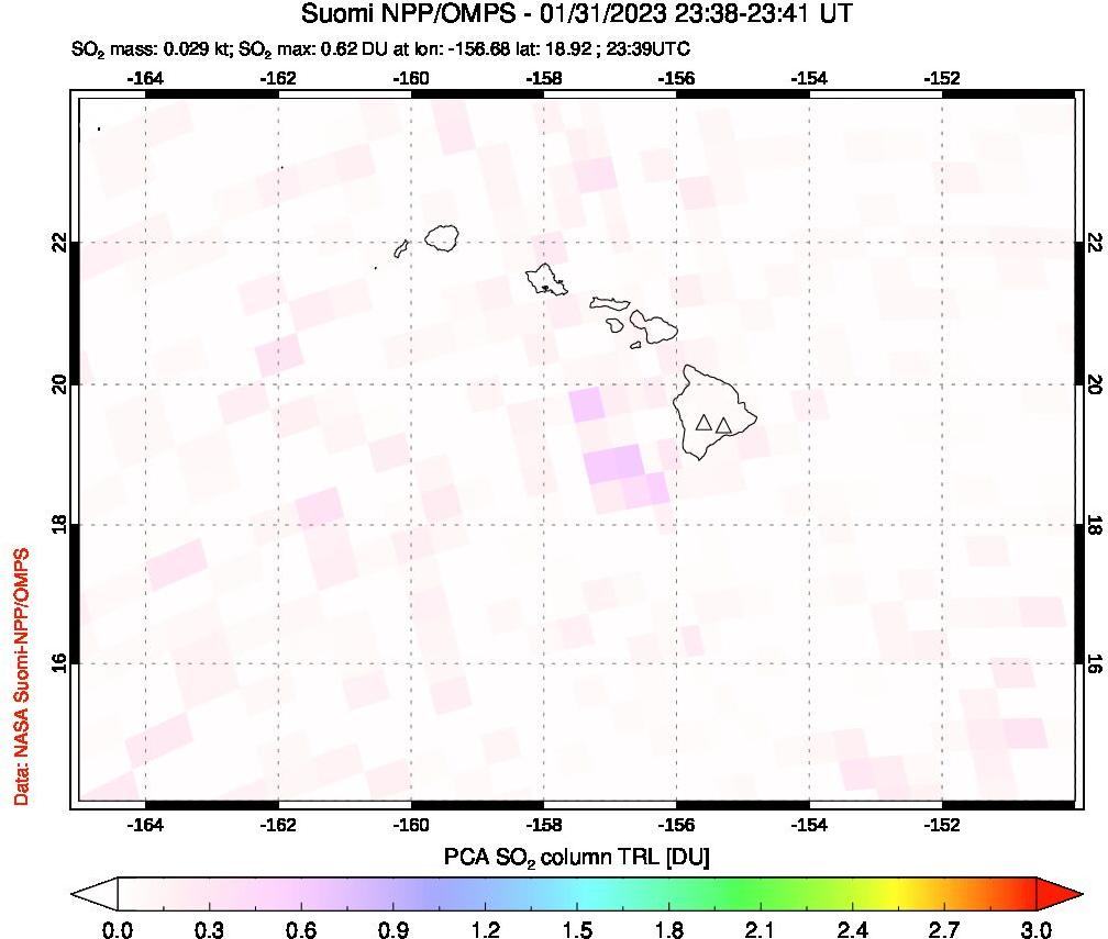 A sulfur dioxide image over Hawaii, USA on Jan 31, 2023.
