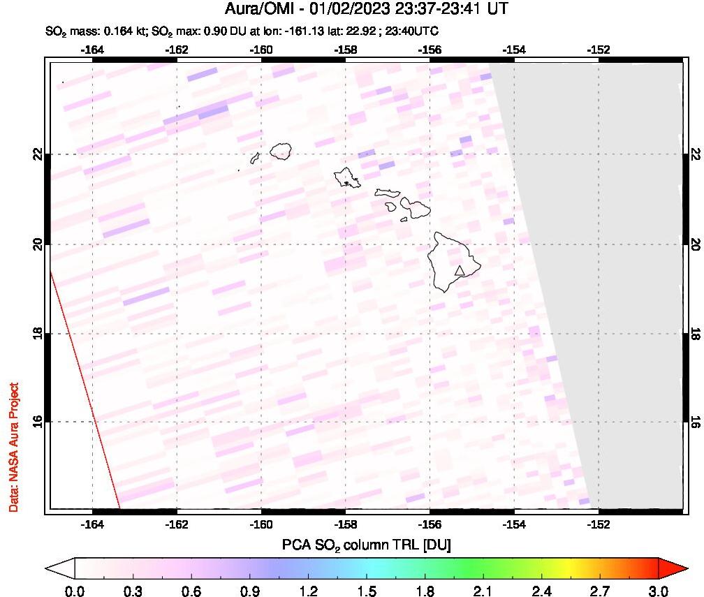 A sulfur dioxide image over Hawaii, USA on Jan 02, 2023.