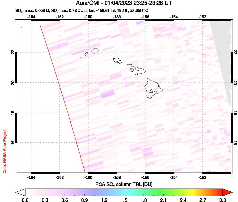 A sulfur dioxide image over Hawaii, USA on Jan 04, 2023.