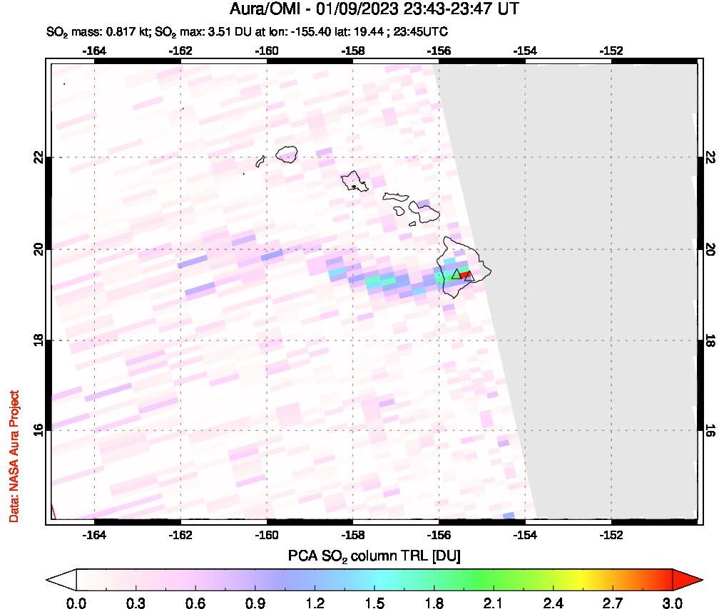A sulfur dioxide image over Hawaii, USA on Jan 09, 2023.