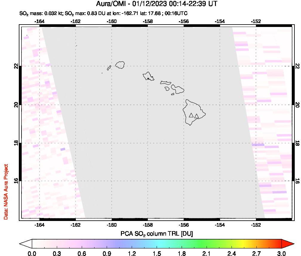 A sulfur dioxide image over Hawaii, USA on Jan 12, 2023.