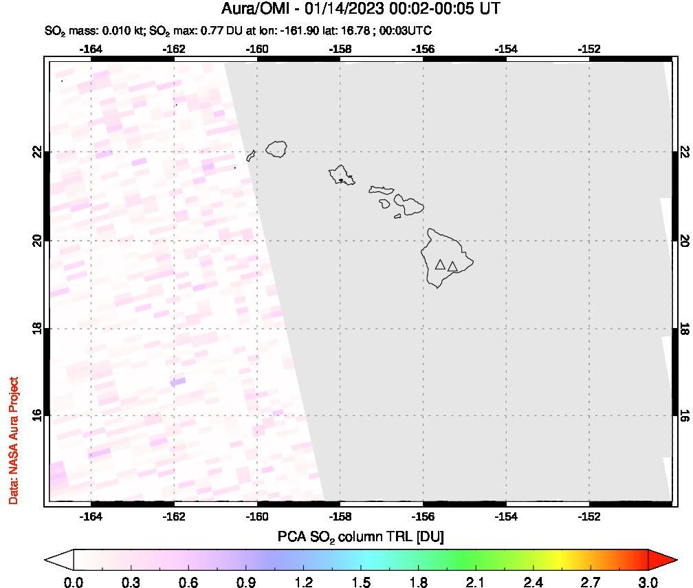 A sulfur dioxide image over Hawaii, USA on Jan 14, 2023.