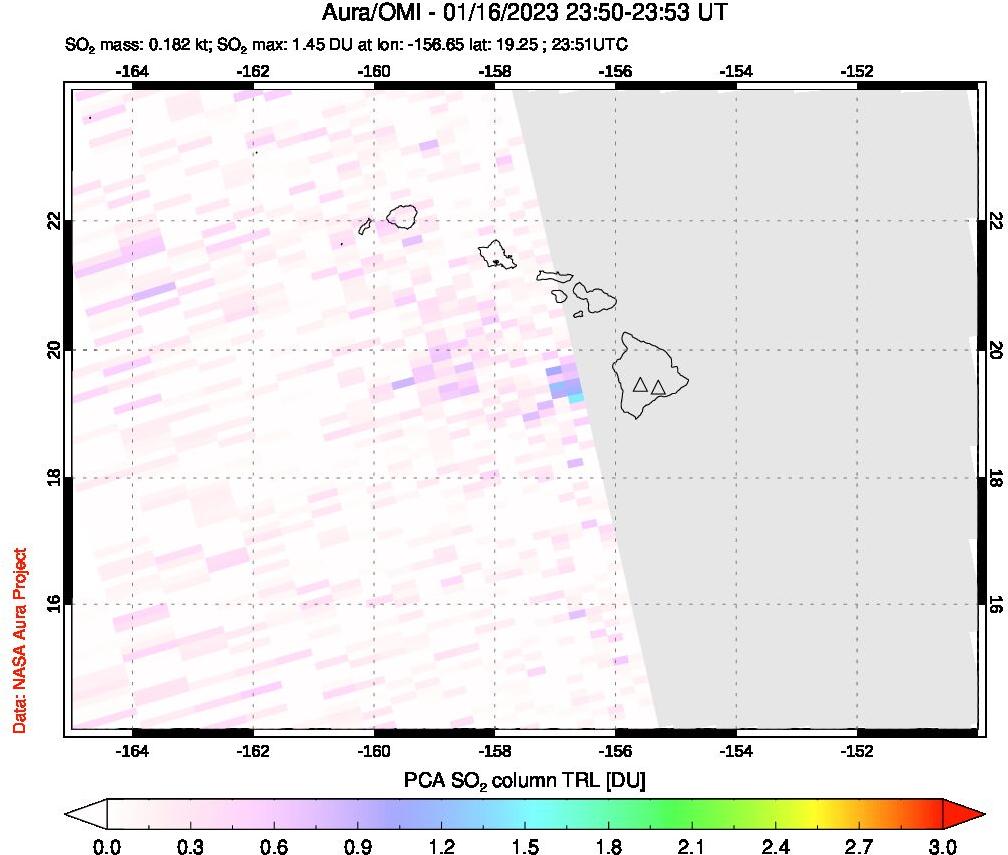 A sulfur dioxide image over Hawaii, USA on Jan 16, 2023.