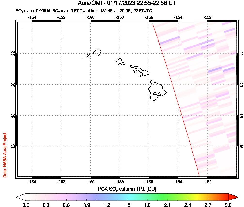 A sulfur dioxide image over Hawaii, USA on Jan 17, 2023.
