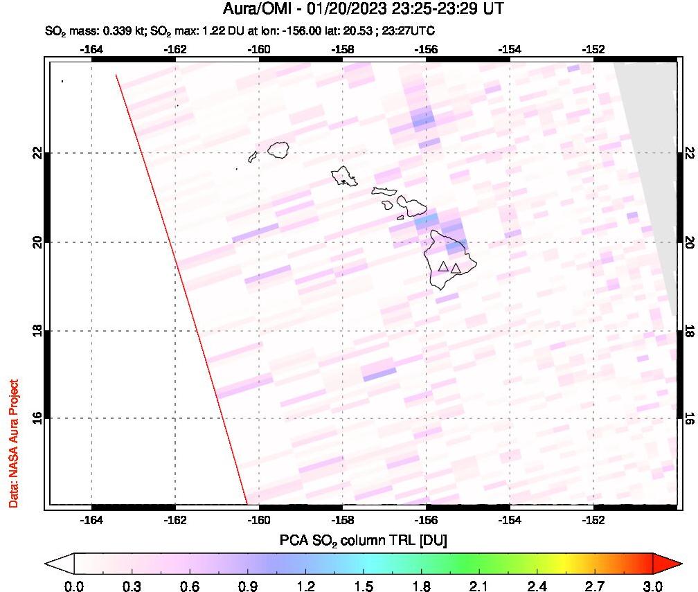A sulfur dioxide image over Hawaii, USA on Jan 20, 2023.