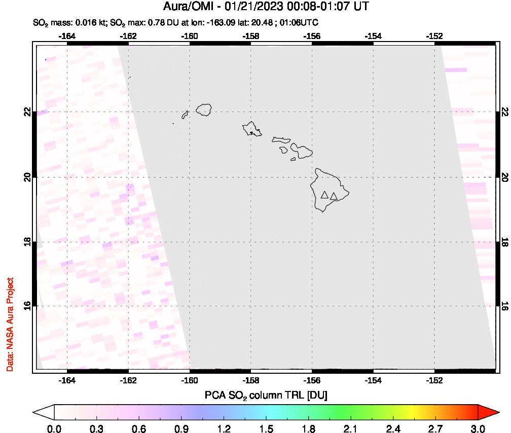 A sulfur dioxide image over Hawaii, USA on Jan 21, 2023.