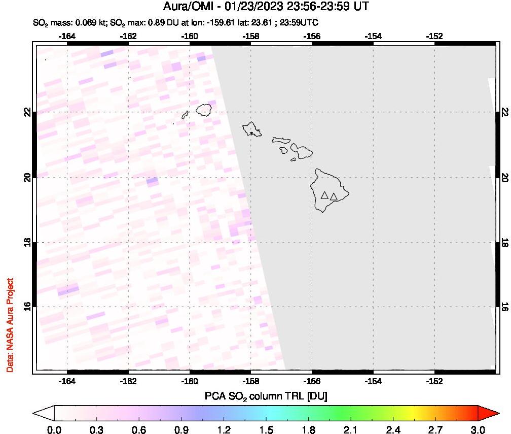 A sulfur dioxide image over Hawaii, USA on Jan 23, 2023.