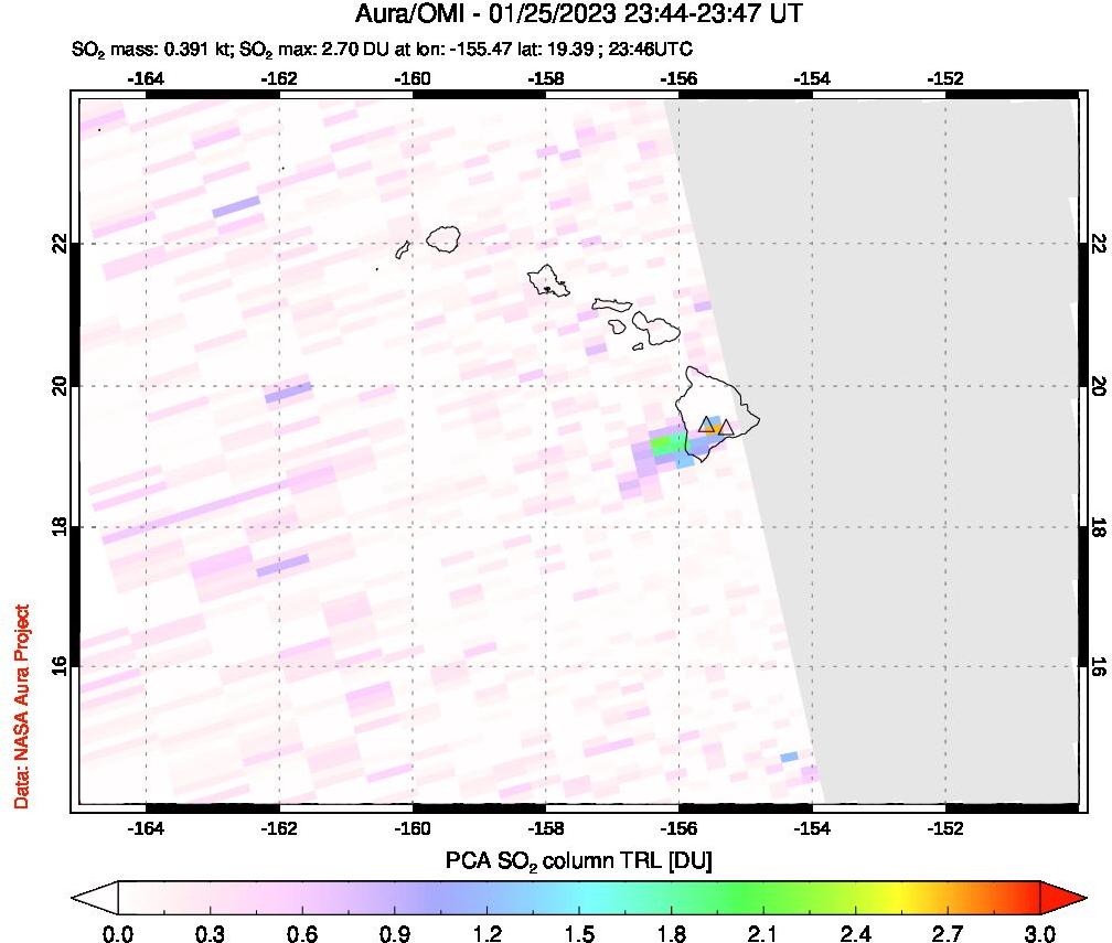 A sulfur dioxide image over Hawaii, USA on Jan 25, 2023.