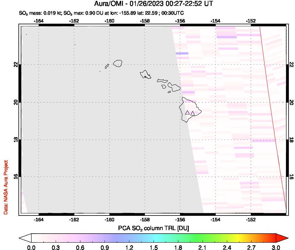A sulfur dioxide image over Hawaii, USA on Jan 26, 2023.
