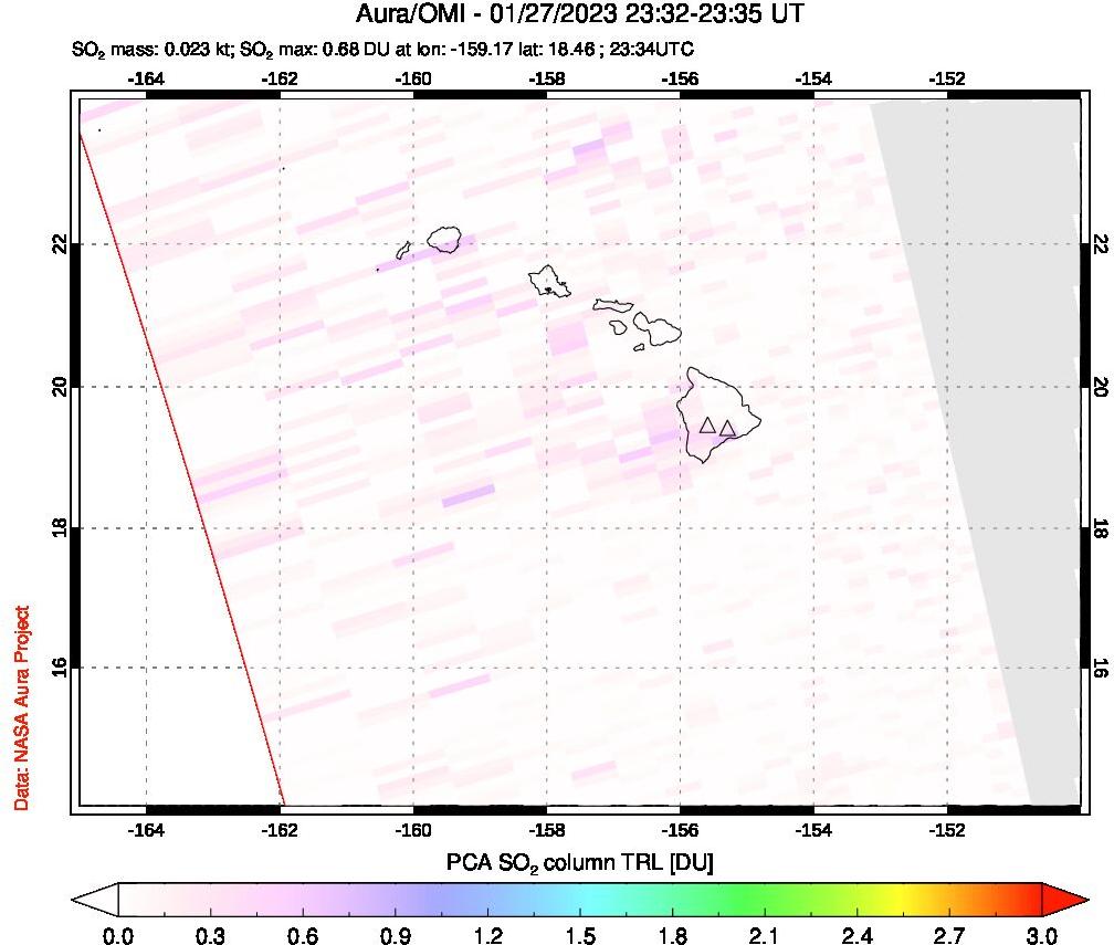 A sulfur dioxide image over Hawaii, USA on Jan 27, 2023.