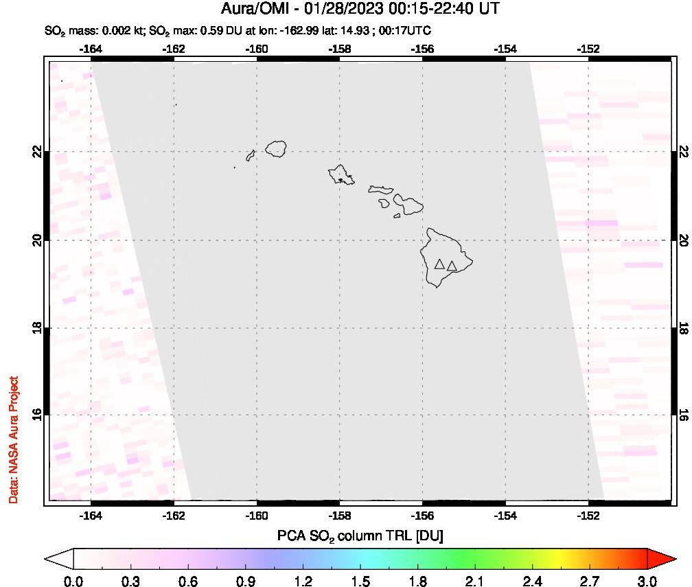 A sulfur dioxide image over Hawaii, USA on Jan 28, 2023.