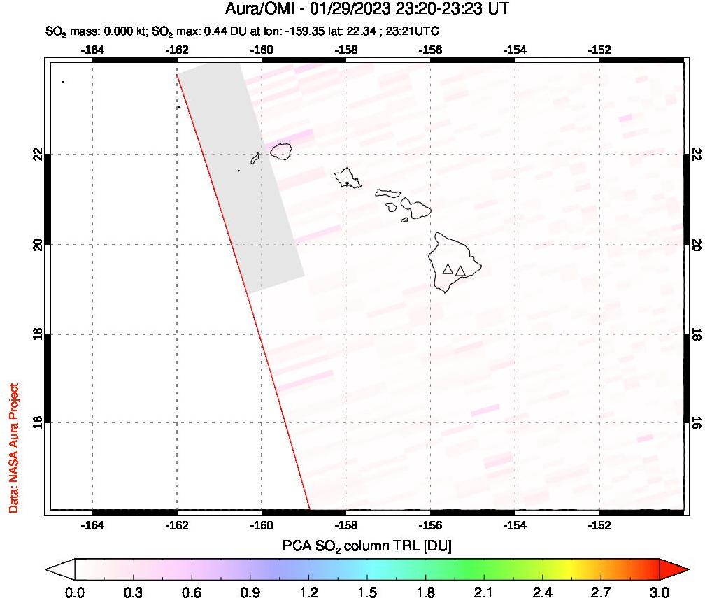 A sulfur dioxide image over Hawaii, USA on Jan 29, 2023.