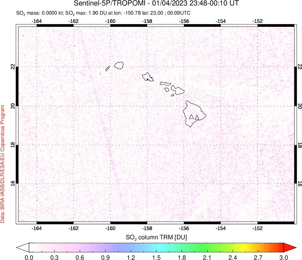 A sulfur dioxide image over Hawaii, USA on Jan 04, 2023.