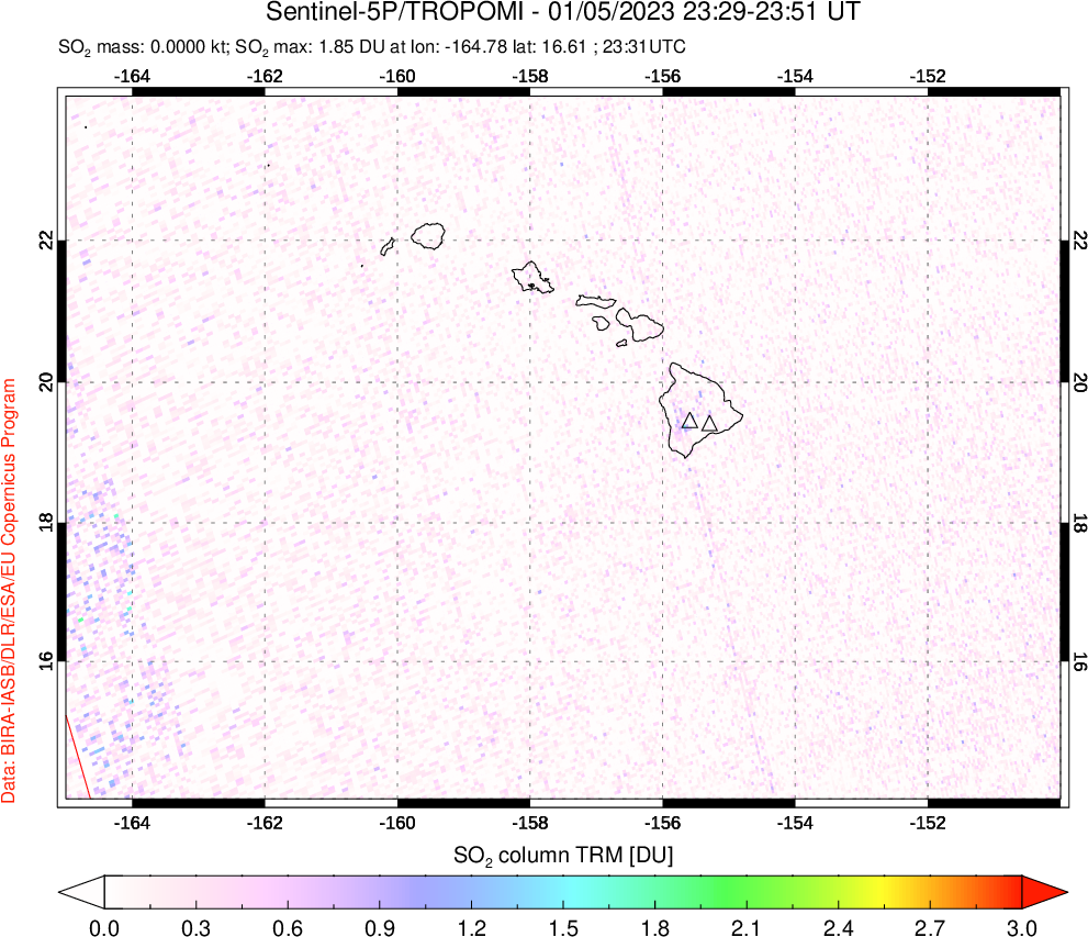 A sulfur dioxide image over Hawaii, USA on Jan 05, 2023.