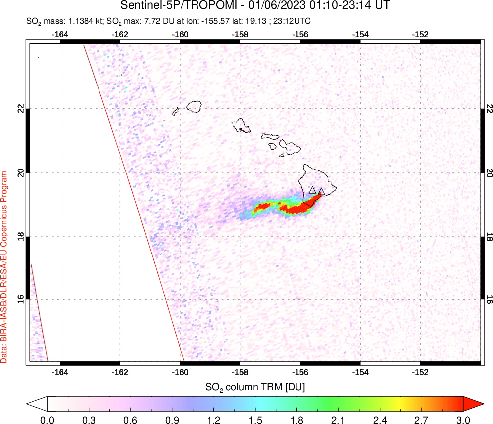 A sulfur dioxide image over Hawaii, USA on Jan 06, 2023.
