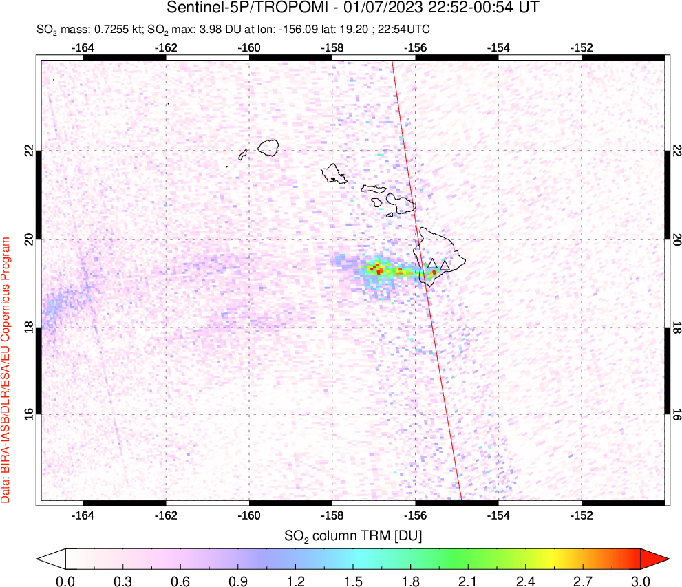 A sulfur dioxide image over Hawaii, USA on Jan 07, 2023.