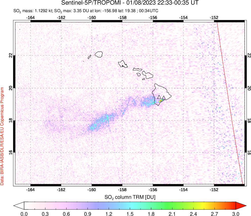 A sulfur dioxide image over Hawaii, USA on Jan 08, 2023.