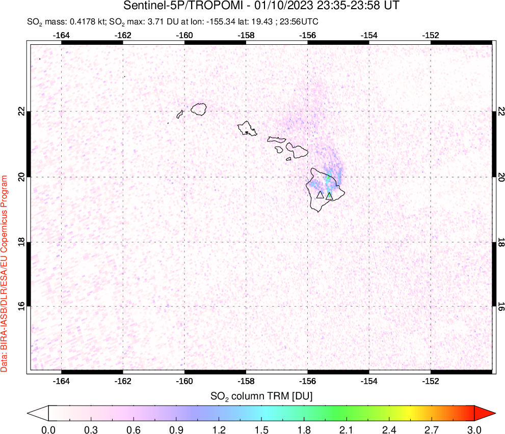 A sulfur dioxide image over Hawaii, USA on Jan 10, 2023.