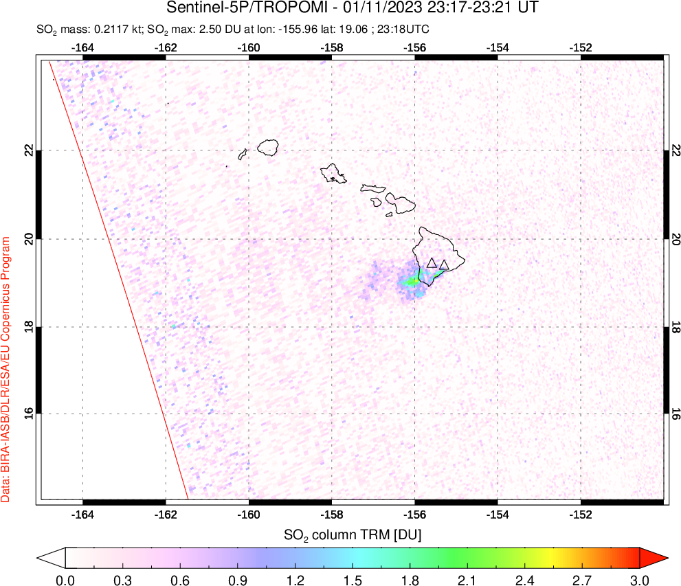 A sulfur dioxide image over Hawaii, USA on Jan 11, 2023.
