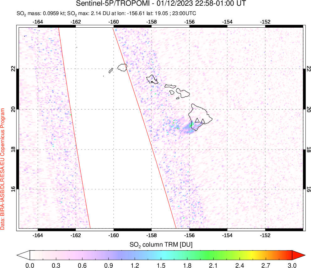 A sulfur dioxide image over Hawaii, USA on Jan 12, 2023.