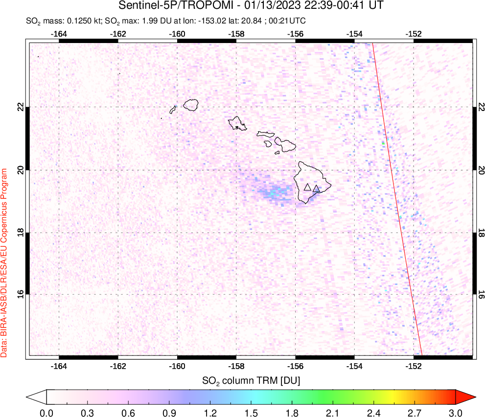 A sulfur dioxide image over Hawaii, USA on Jan 13, 2023.