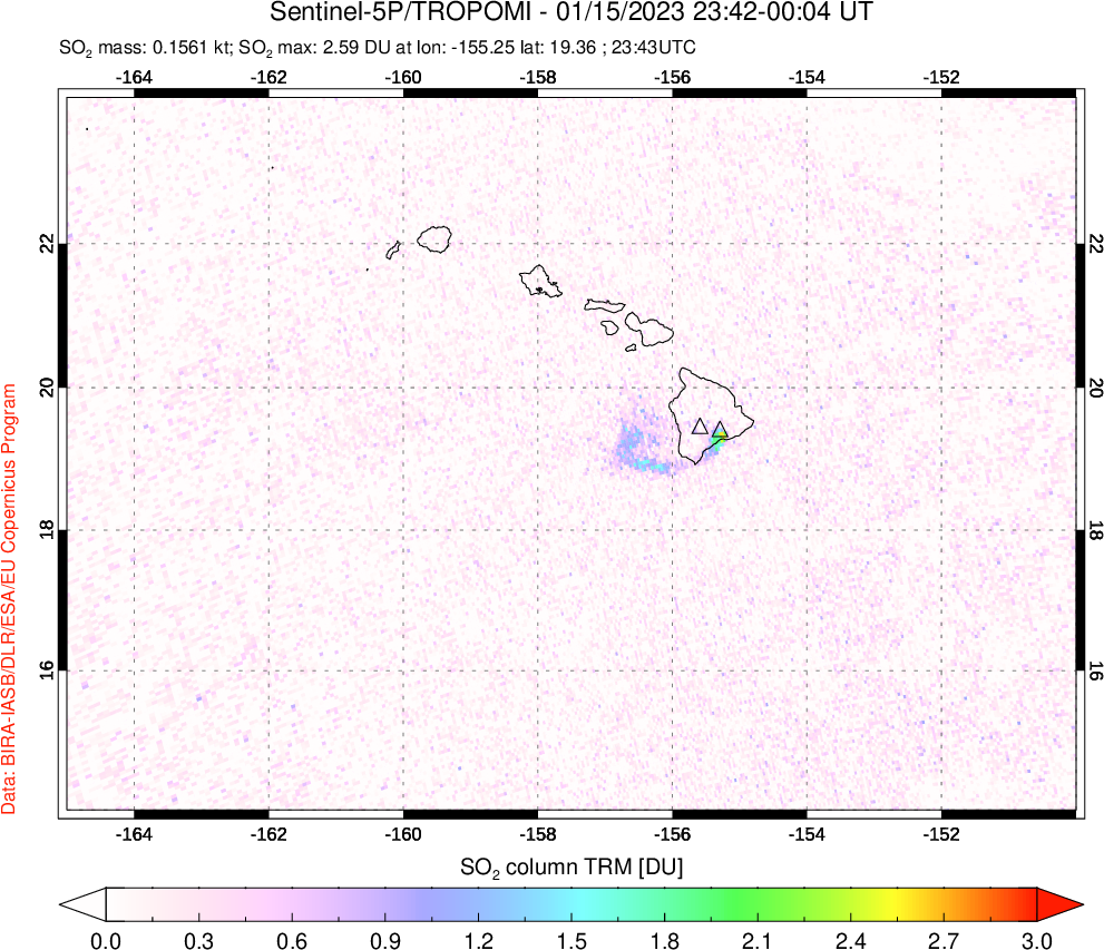 A sulfur dioxide image over Hawaii, USA on Jan 15, 2023.