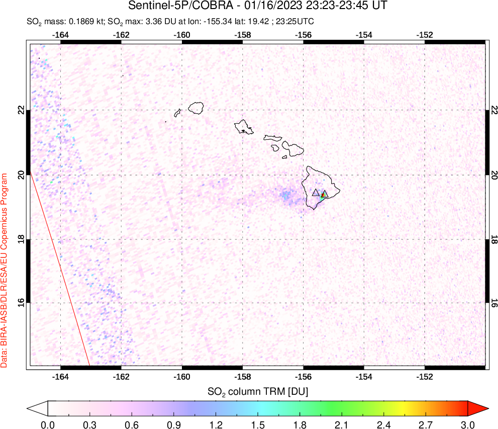 A sulfur dioxide image over Hawaii, USA on Jan 16, 2023.