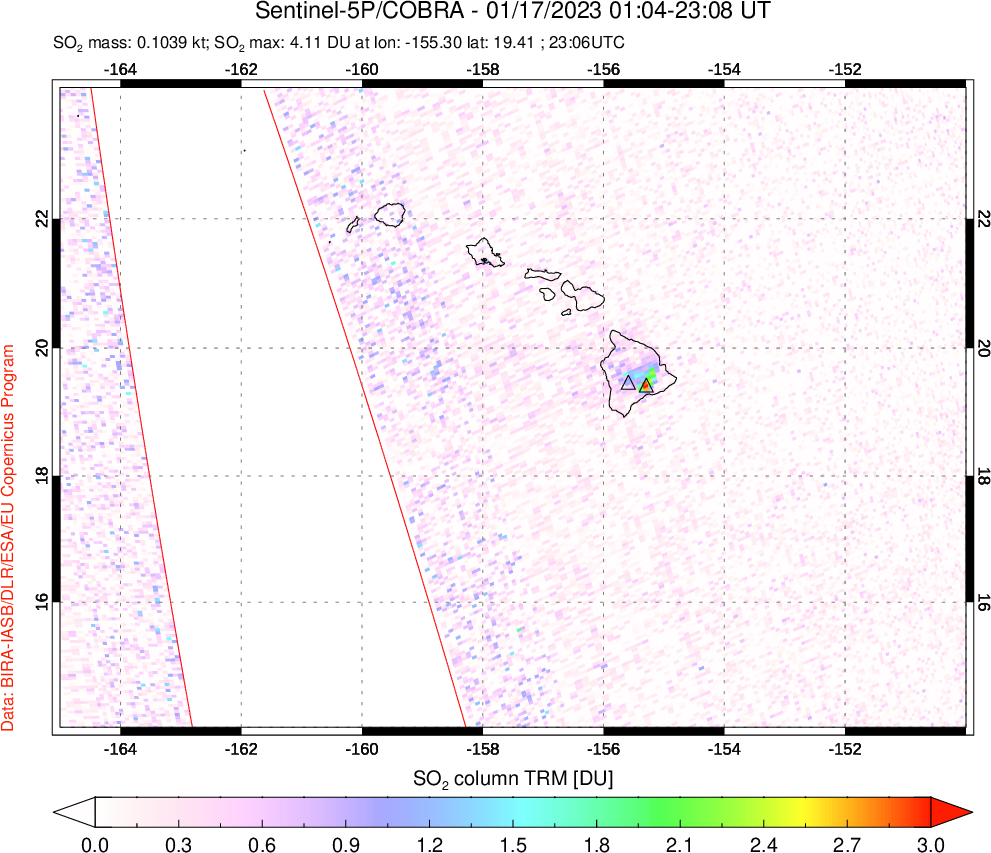 A sulfur dioxide image over Hawaii, USA on Jan 17, 2023.