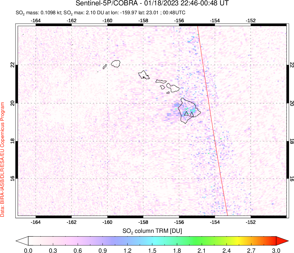 A sulfur dioxide image over Hawaii, USA on Jan 18, 2023.