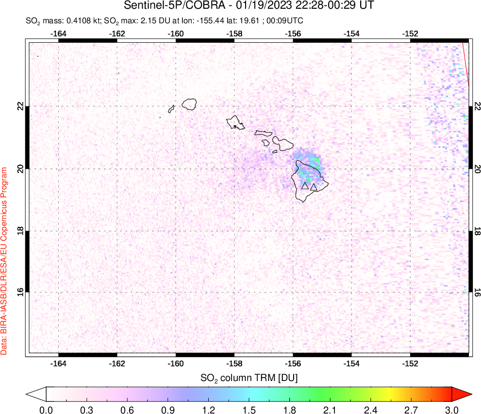 A sulfur dioxide image over Hawaii, USA on Jan 19, 2023.