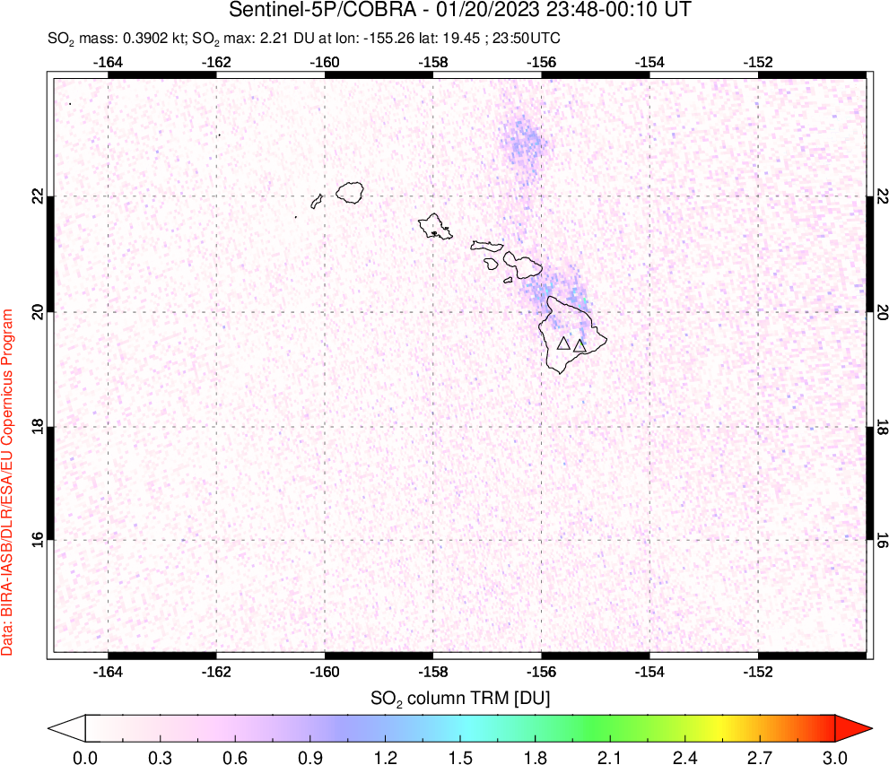 A sulfur dioxide image over Hawaii, USA on Jan 20, 2023.