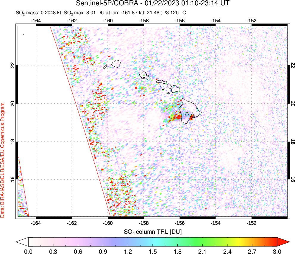 A sulfur dioxide image over Hawaii, USA on Jan 22, 2023.