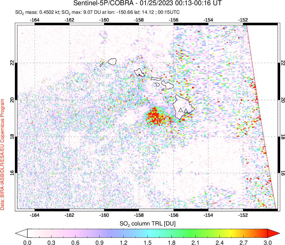 A sulfur dioxide image over Hawaii, USA on Jan 25, 2023.