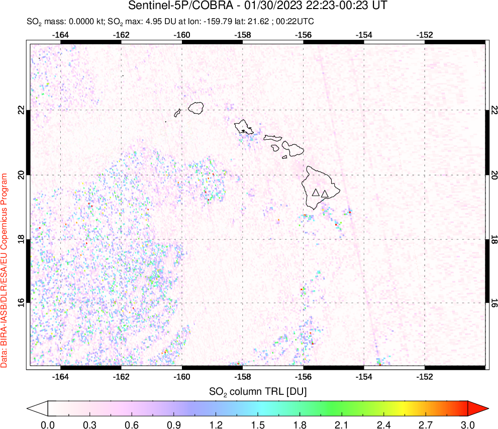 A sulfur dioxide image over Hawaii, USA on Jan 30, 2023.