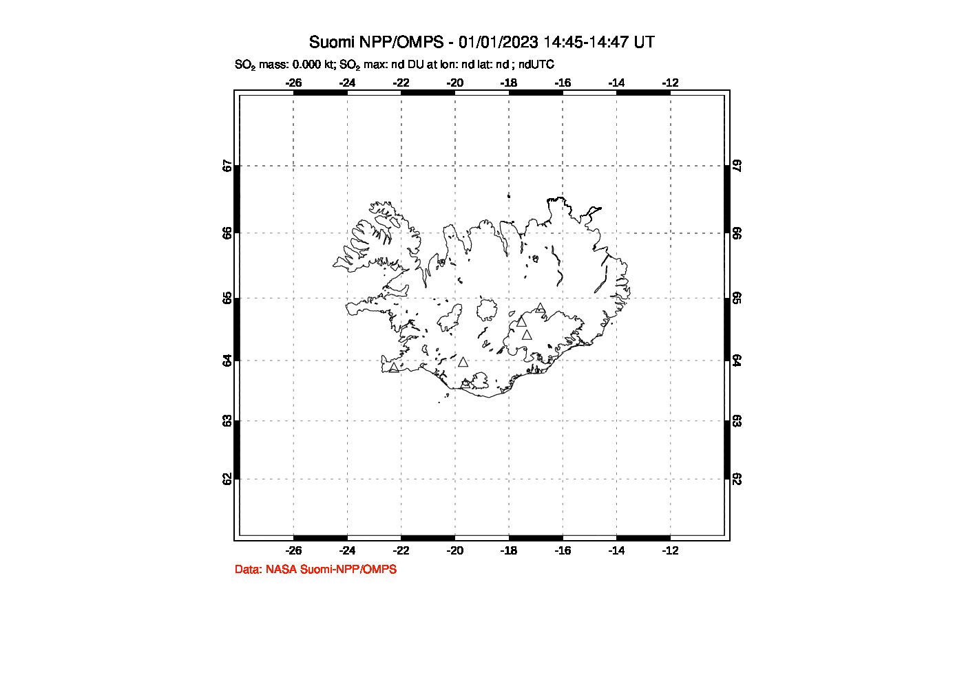 A sulfur dioxide image over Iceland on Jan 01, 2023.