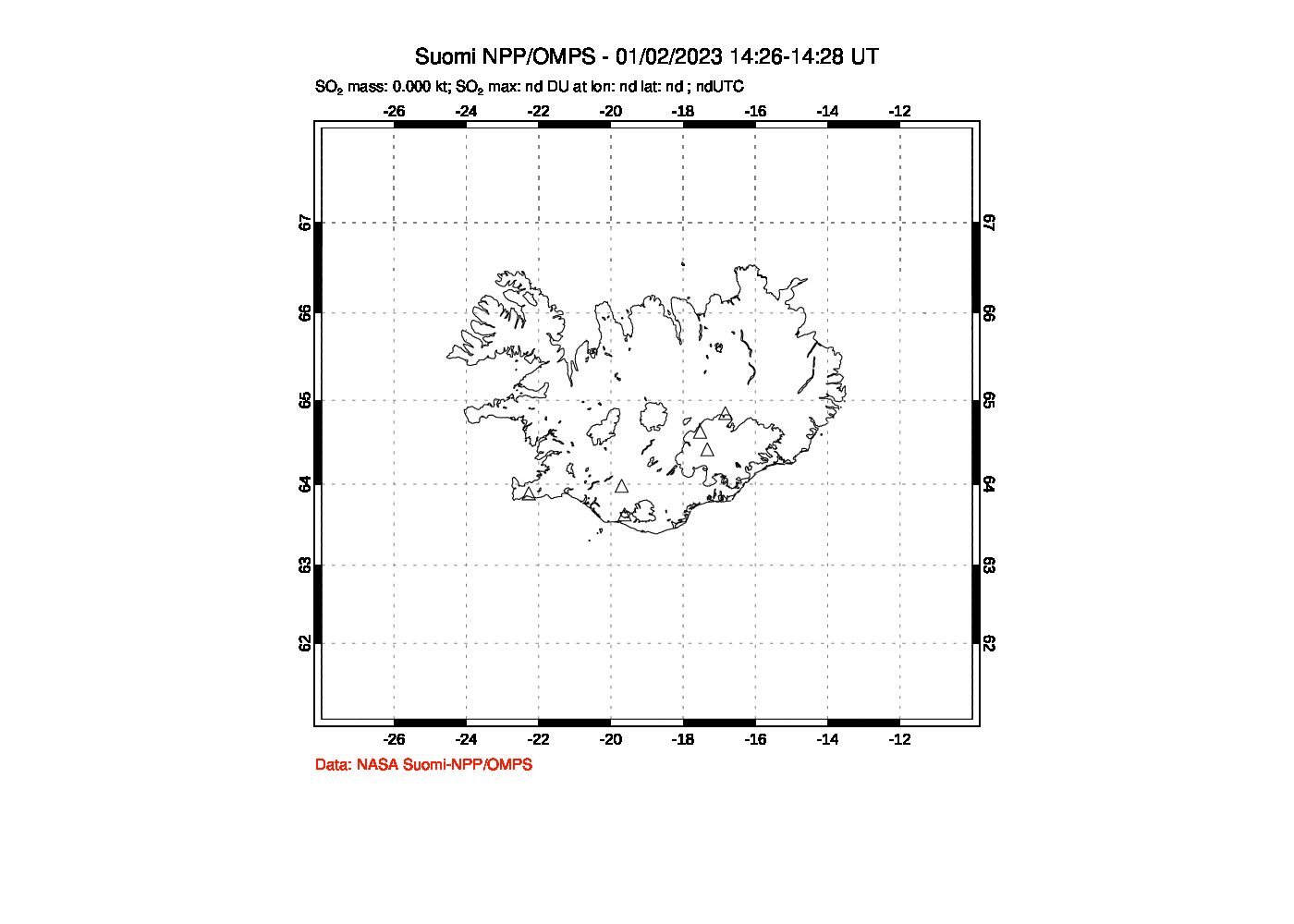 A sulfur dioxide image over Iceland on Jan 02, 2023.
