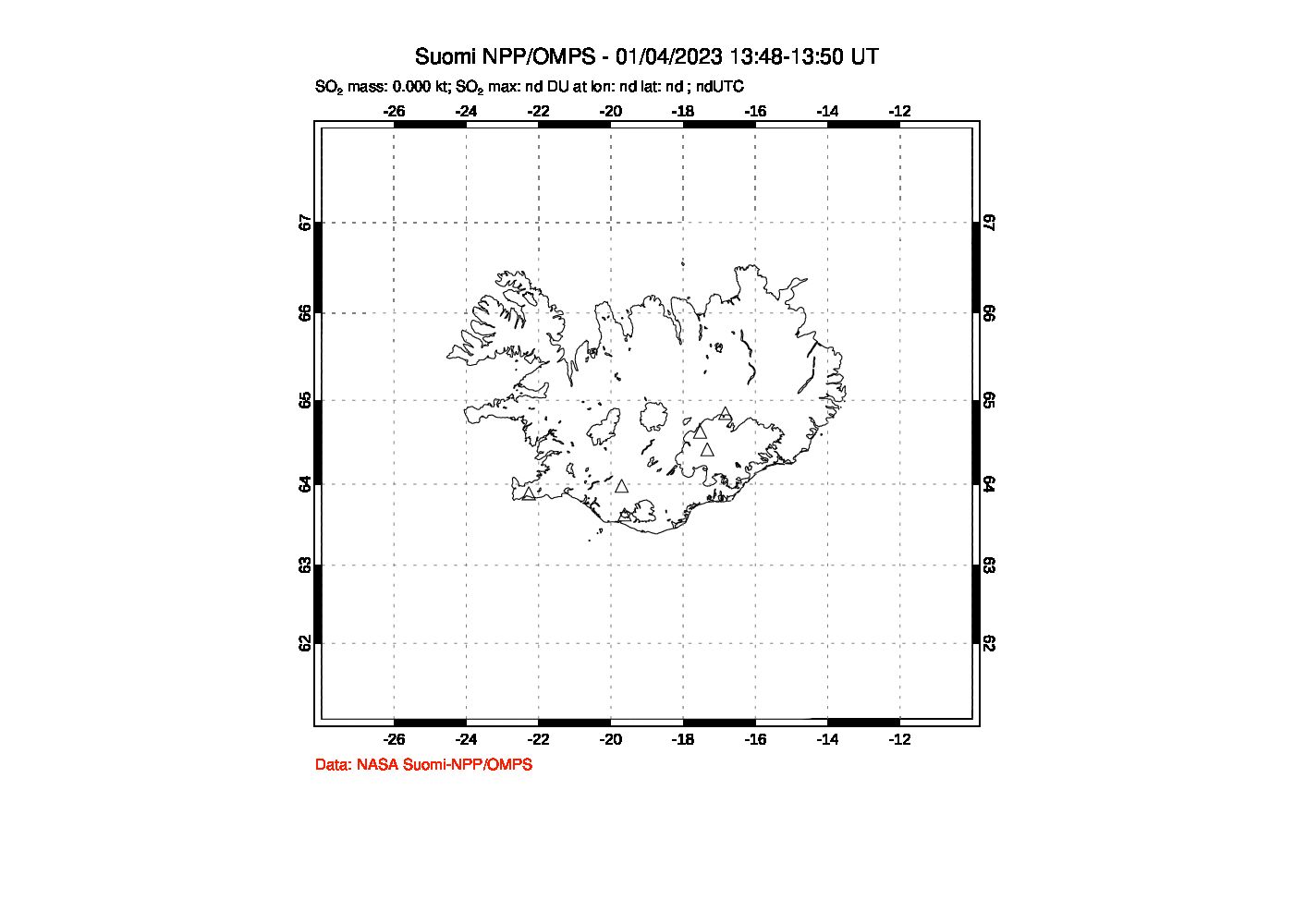 A sulfur dioxide image over Iceland on Jan 04, 2023.