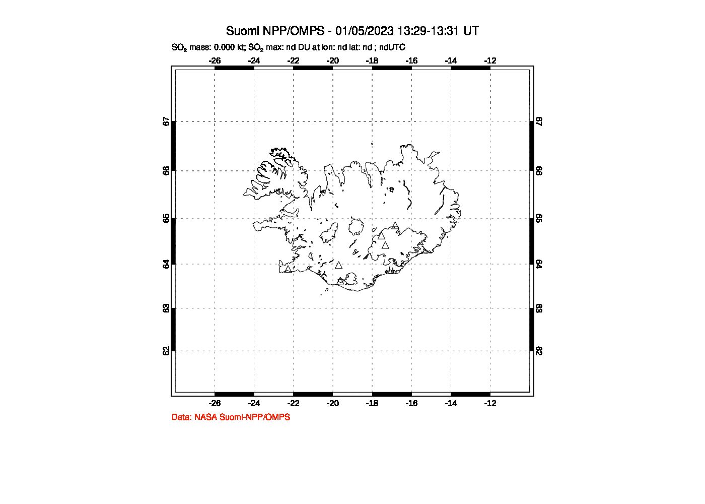 A sulfur dioxide image over Iceland on Jan 05, 2023.