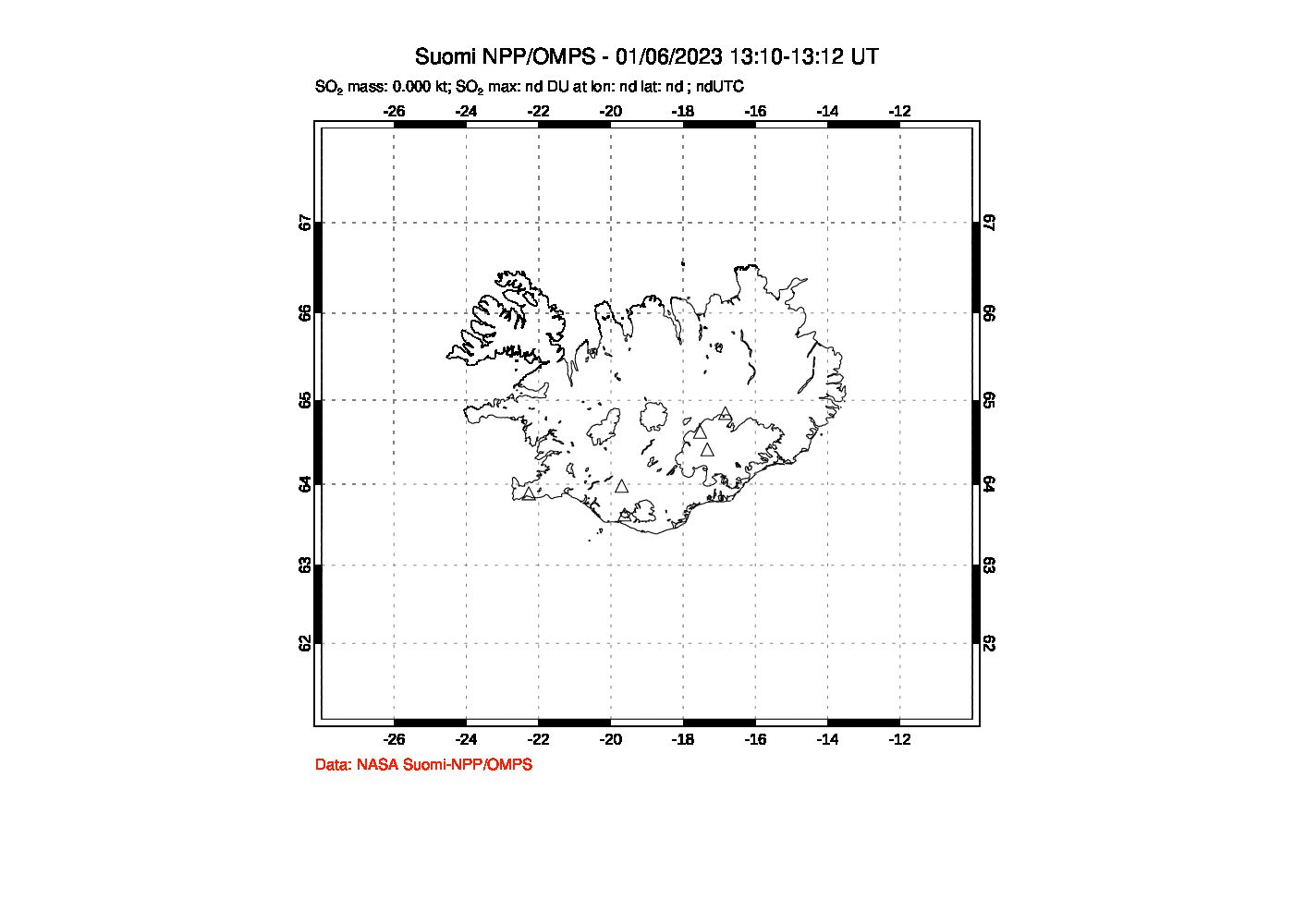 A sulfur dioxide image over Iceland on Jan 06, 2023.