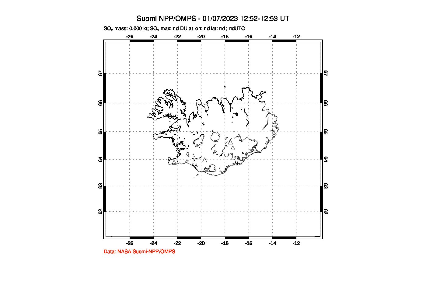 A sulfur dioxide image over Iceland on Jan 07, 2023.
