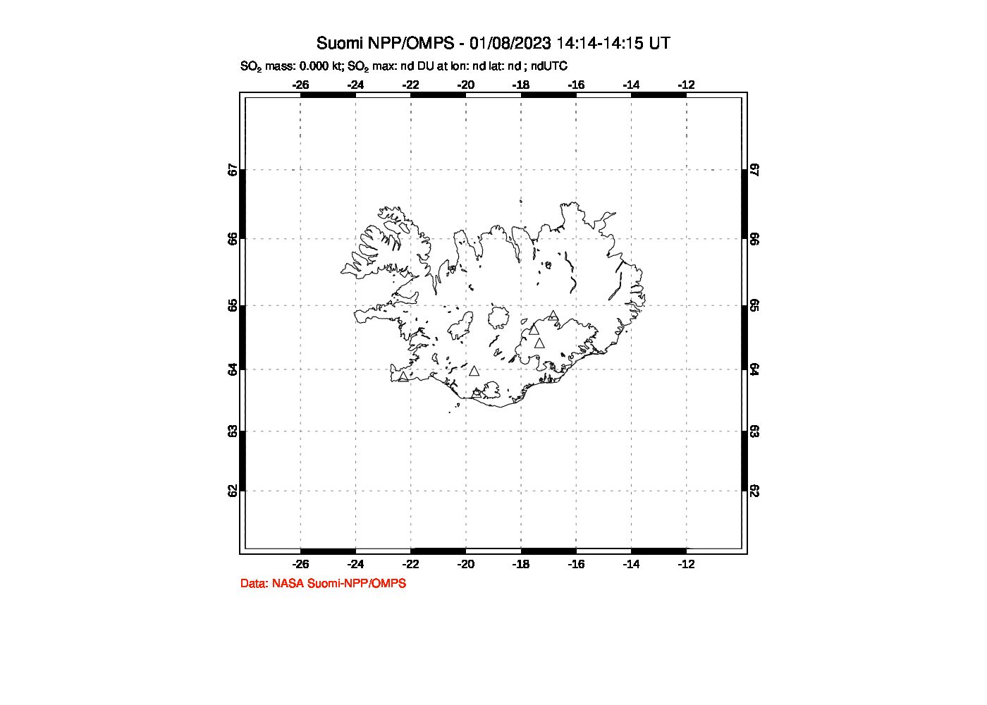 A sulfur dioxide image over Iceland on Jan 08, 2023.
