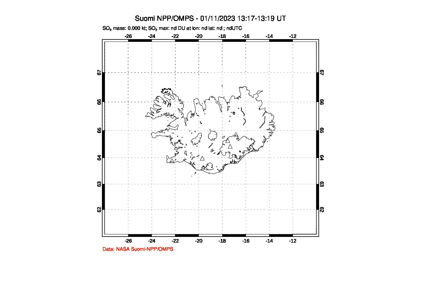 A sulfur dioxide image over Iceland on Jan 11, 2023.