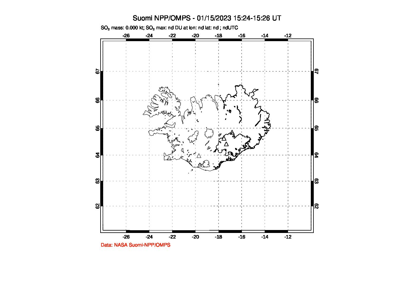 A sulfur dioxide image over Iceland on Jan 15, 2023.